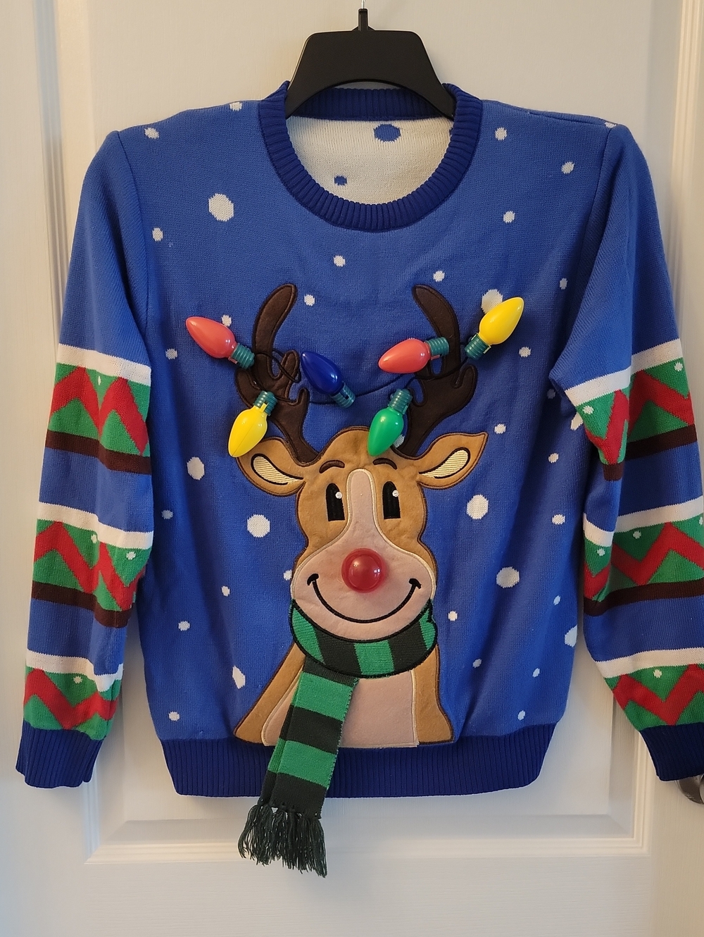 JOYIN Blue Reindeer Crewneck Sweater with Light-Up Bulb Accents